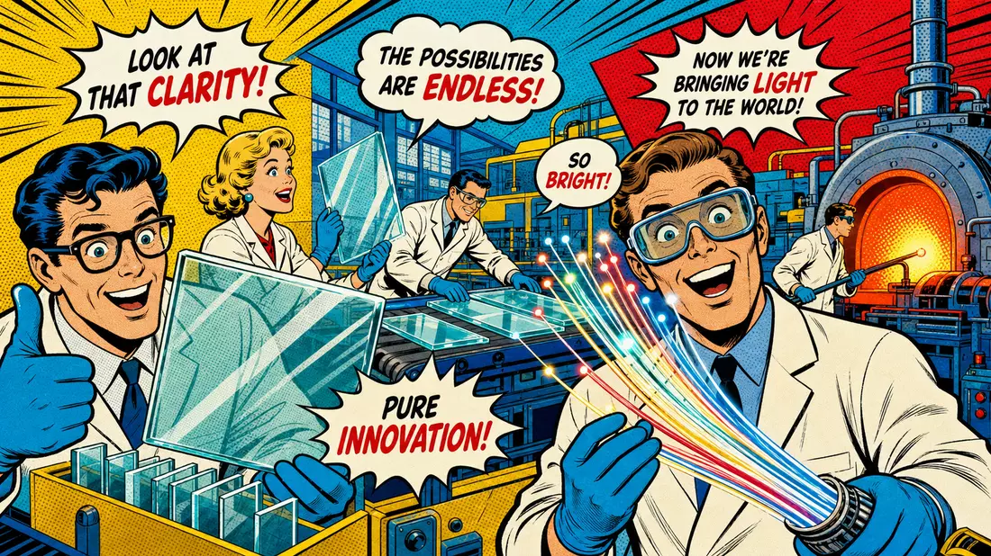 Pop-Art-Comic mit Wissenschaftlern in Glasfabrik und bunten Glasfasern
