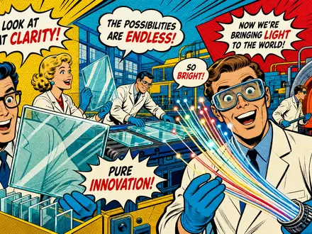 Corning Inc. Glaslabor-Comic US2193501051 – Pop-Art-Wissenschaftler mit Glasfasern und Sprechblasen in Fabrik - Foto: THN