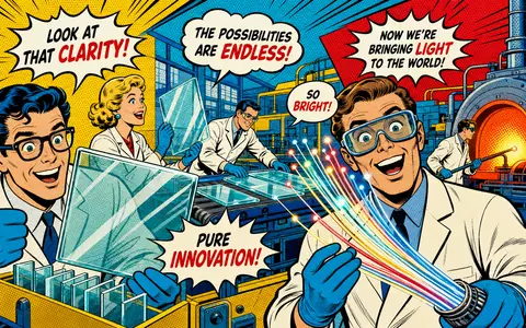 Corning Inc. Glaslabor-Comic US2193501051 – Pop-Art-Wissenschaftler mit Glasfasern und Sprechblasen in Fabrik - Foto: THN