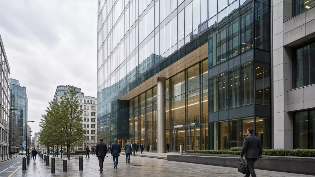Moderne gläserne Bankzentrale in Brüssel, Fotorealismus, Finanzdistrikt