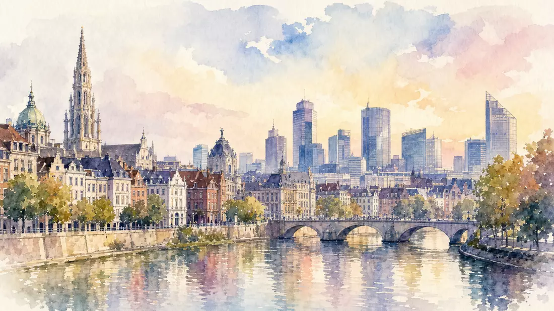 Aquarellmalerei der Brüsseler Skyline mit Fluss, Brücke und Türmen