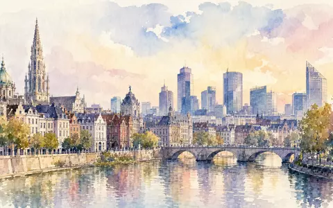 Aquarell der Brüsseler Skyline am Fluss, künstlerisch inspiriert von KBC Group NV, ISIN BE0003565737, Finanzsektor - Foto: THN