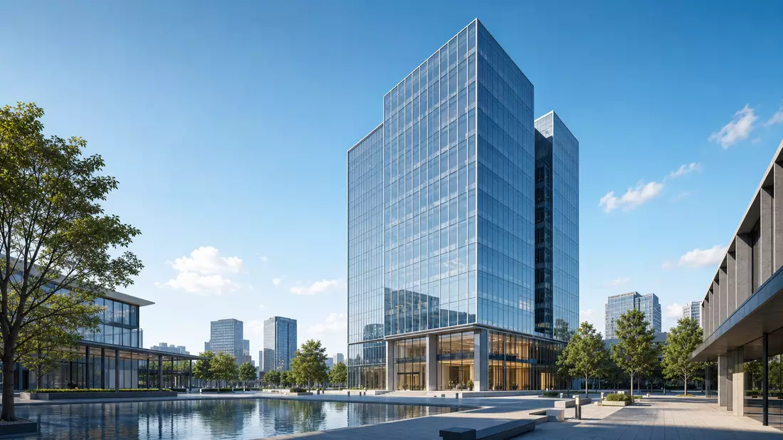 3D-Architektur-Render eines modernen gläsernen Bürohochhauses mit Wasserbecken