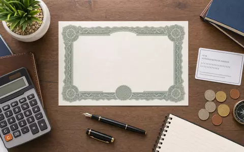 Flatlay mit Zertifikat, ISIN-Karte und Bürogegenständen, thematisch zu KBC Group NV, ISIN BE0003565737, Finanzbranche - Foto: THN