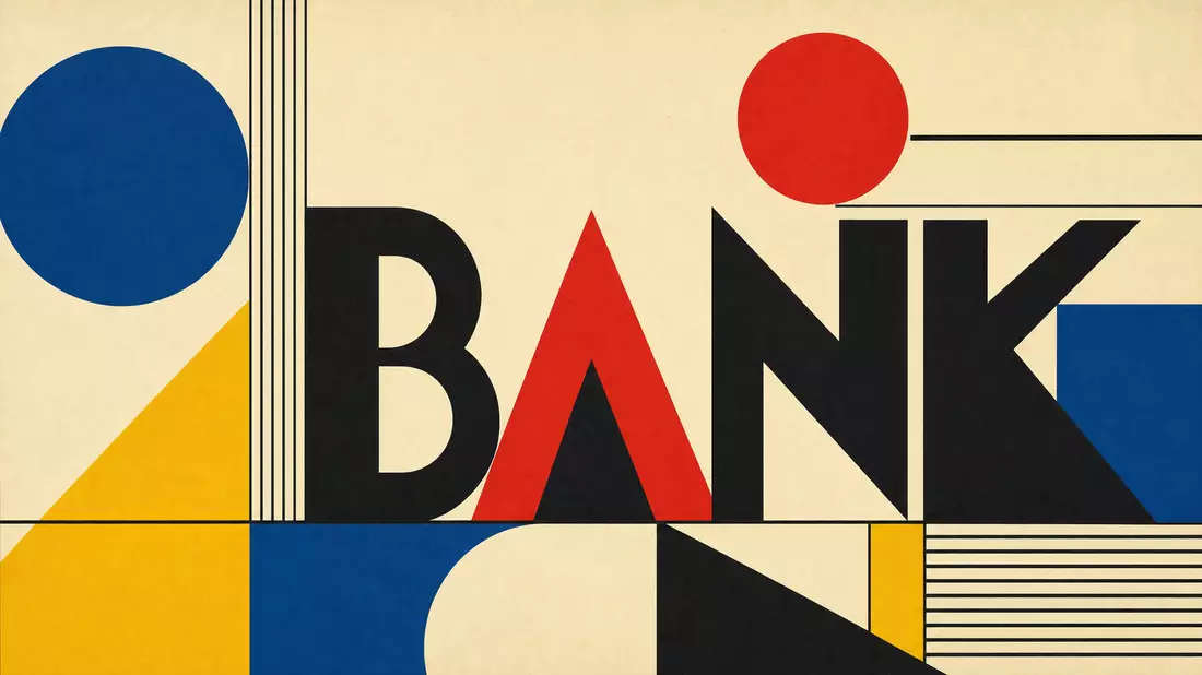 Bauhaus-Poster mit geometrischen Formen und großem Schriftzug BANK