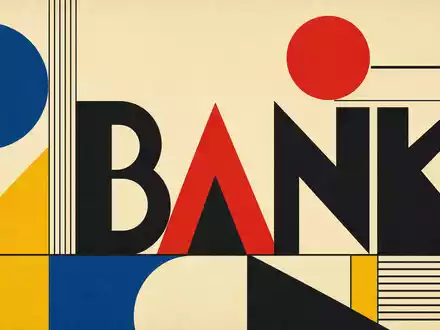 Bauhaus-Poster mit geometrischen Formen und Sektor-Text BANK, gestaltet für KBC Group NV, ISIN BE0003565737 - Foto: THN