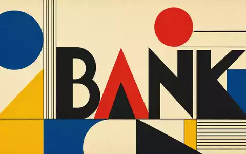 Bauhaus-Poster mit geometrischen Formen und Sektor-Text BANK, gestaltet für KBC Group NV, ISIN BE0003565737 - Foto: THN