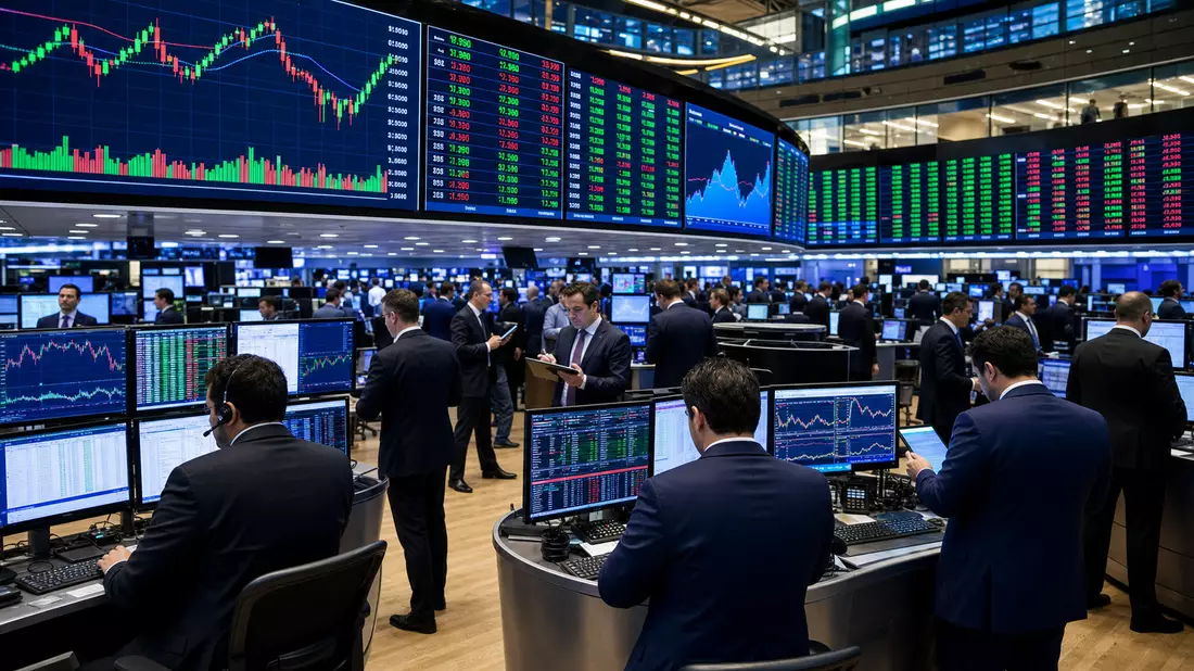 Börsen-Editorial: Trading-Floor mit Kursdiagrammen und Händlern in Anzügen
