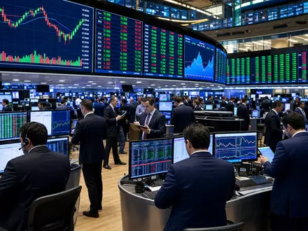 Börsen-Editorial mit Trading-Floor und Kursdiagrammen, illustriert die Branche von KBC Group NV, ISIN BE0003565737 - Foto: THN