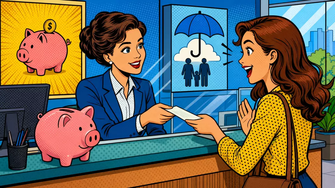 Pop-Art-Comic einer Bankschalterszene mit Bankangestellter und Kundin