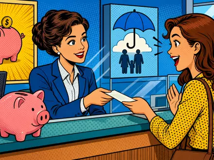 Pop-Art-Comic zeigt Bankschalterszene mit Kundin, farbenfrohe Illustration zu KBC Group NV, ISIN BE0003565737 im Bankensektor - Foto: THN