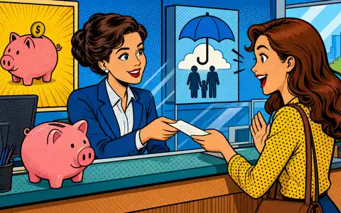 Pop-Art-Comic zeigt Bankschalterszene mit Kundin, farbenfrohe Illustration zu KBC Group NV, ISIN BE0003565737 im Bankensektor - Foto: THN