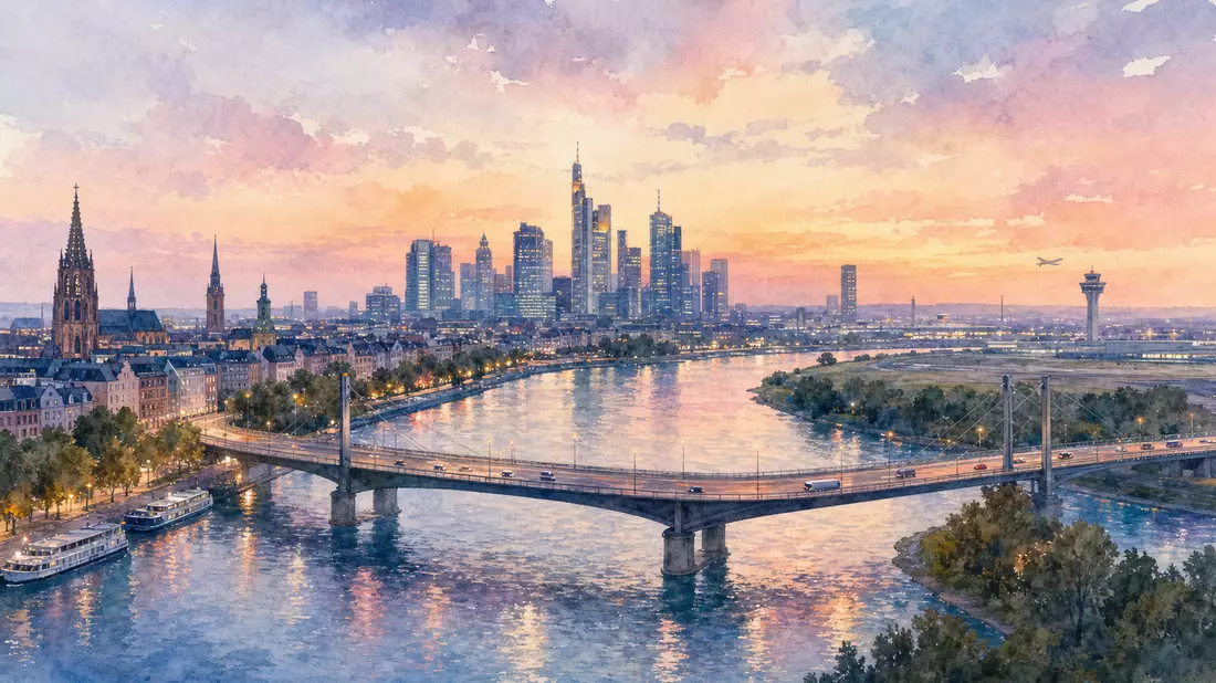 Aquarellbild einer Stadtbrücke symbolisiert Ferrovial SE, ISIN NL0015001IX2, Infrastruktur