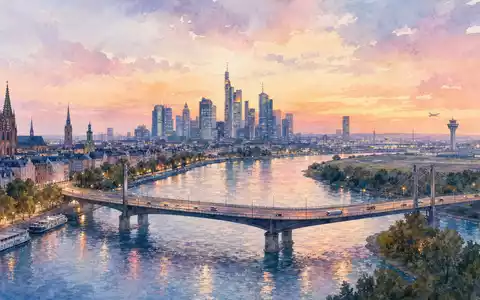 Sanfte Aquarellmalerei einer Stadt mit Brücke und Flughafenturm steht für Ferrovial SE, ISIN NL0015001IX2, Infrastrukturkonzern - Foto: THN