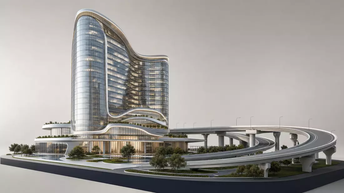 Architektur-Render von Turm und Straße zeigt Ferrovial SE, ISIN NL0015001IX2, Baukonzern