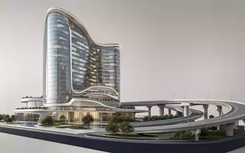 Modernes Architektur-Render aus geschwungenem Hochhaus und Straßenanlage veranschaulicht Ferrovial SE, ISIN NL0015001IX2, tätig im Bausektor - Foto: THN