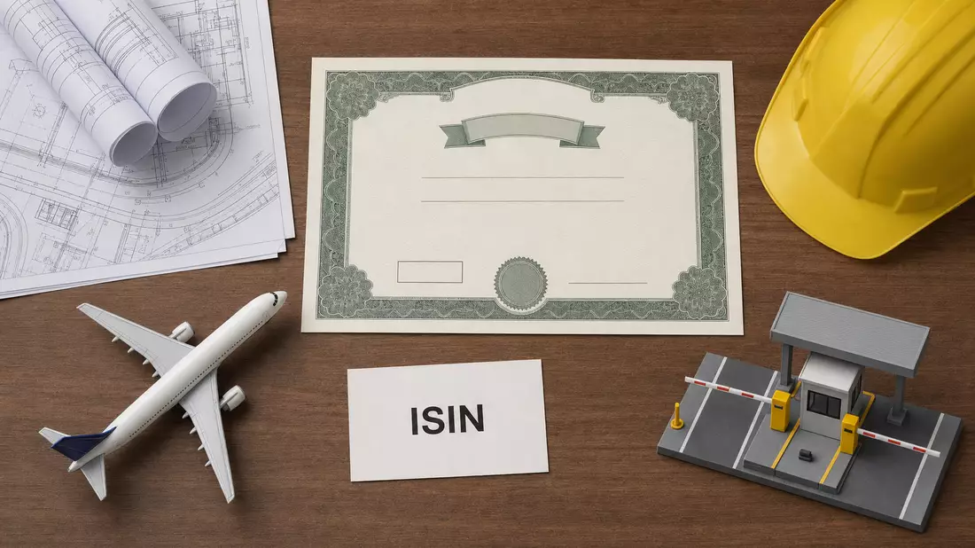 Flatlay mit Zertifikat und Bauhelm symbolisiert Ferrovial SE, ISIN NL0015001IX2, Infrastruktur