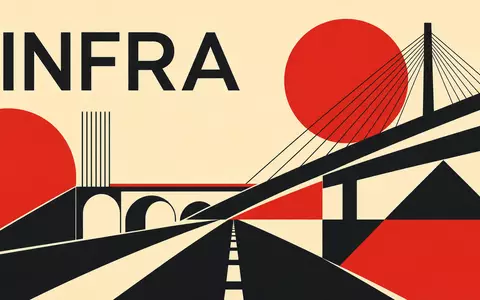 Geometrisches Bauhaus-Poster mit Straßenmotiv und Schriftzug INFRA repräsentiert Ferrovial SE, ISIN NL0015001IX2, aus der Baubranche - Foto: THN