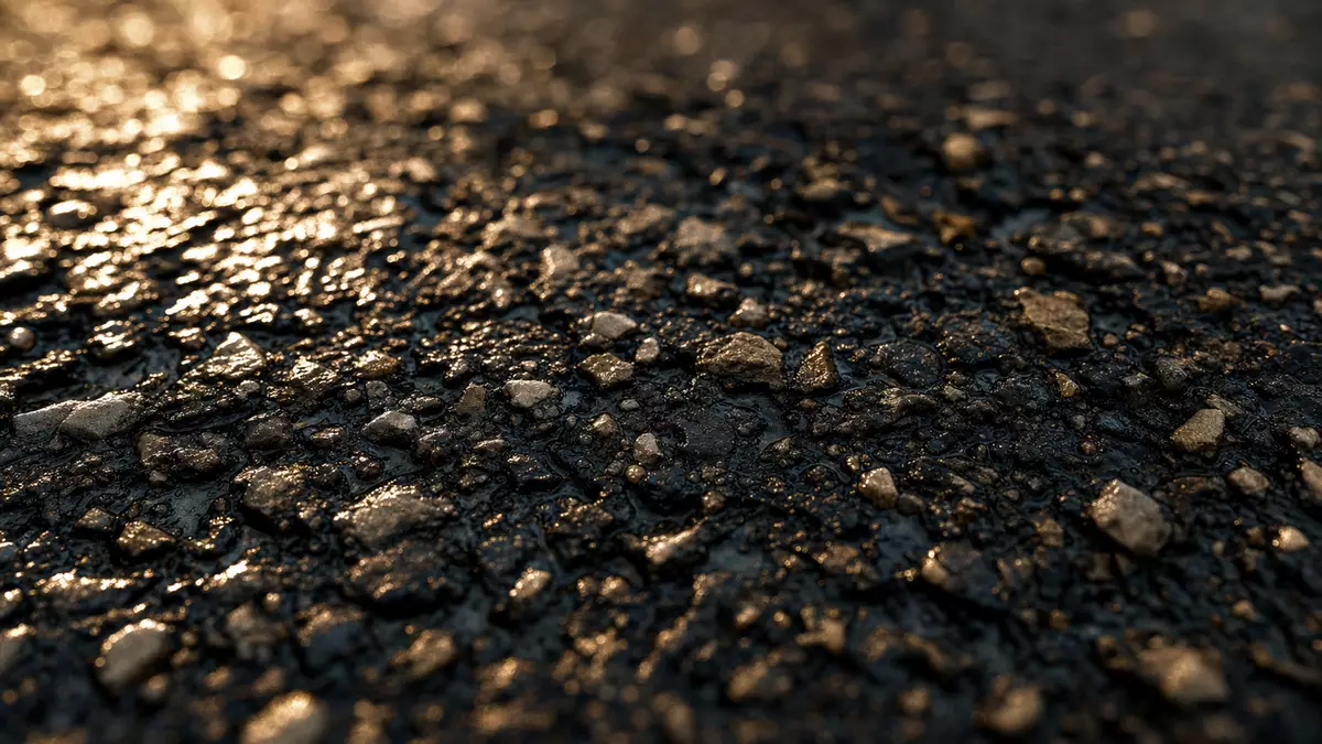 Makroaufnahme von Asphalt symbolisiert Ferrovial SE, ISIN NL0015001IX2, Baustoffe