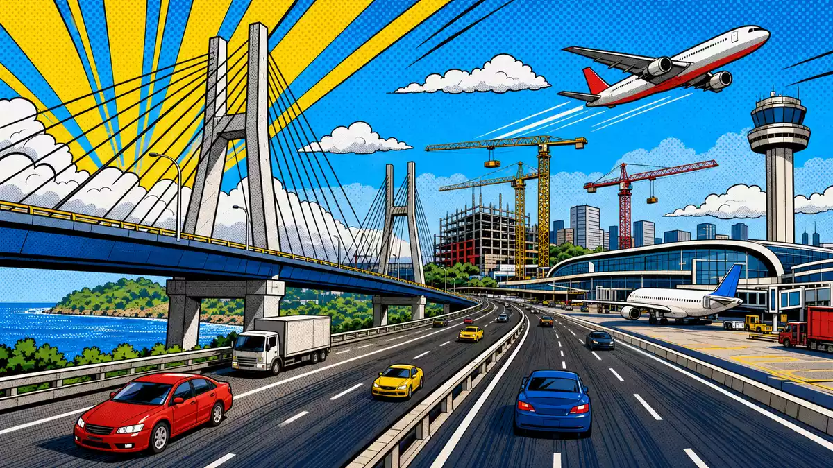 Pop-Art-Comic mit Brücke und Flugzeug symbolisiert Ferrovial SE, ISIN NL0015001IX2, Infrastruktur