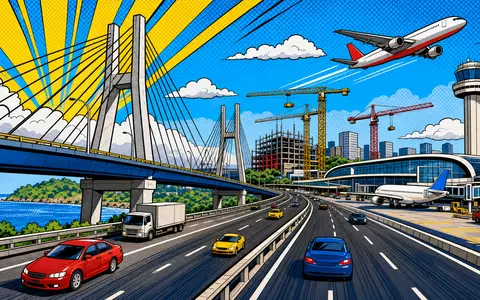Farbenfrohe Pop-Art-Comicszene mit Brücke, Kränen und Flughafen visualisiert Ferrovial SE, ISIN NL0015001IX2, im Infrastruktursektor tätig - Foto: THN
