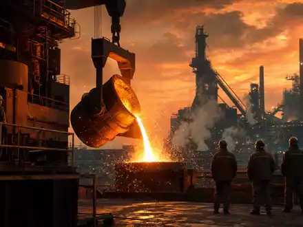 ArcelorMittal S.A. (LU1598757687) betreibt Hochöfen, hier fließt glühender flüssiger Stahl bei Sonnenuntergang eindrucksvoll heraus - Foto: THN