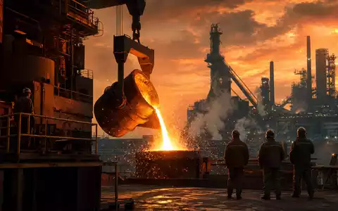 ArcelorMittal S.A. (LU1598757687) betreibt Hochöfen, hier fließt glühender flüssiger Stahl bei Sonnenuntergang eindrucksvoll heraus - Foto: THN