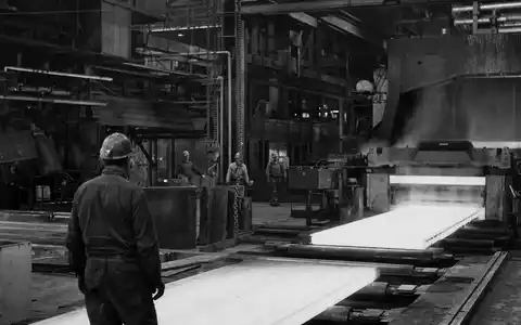 ArcelorMittal S.A. (LU1598757687) produziert Stahlbleche, diese dokumentarische Schwarzweißaufnahme zeigt Arbeiter an Walzanlagen - Foto: THN