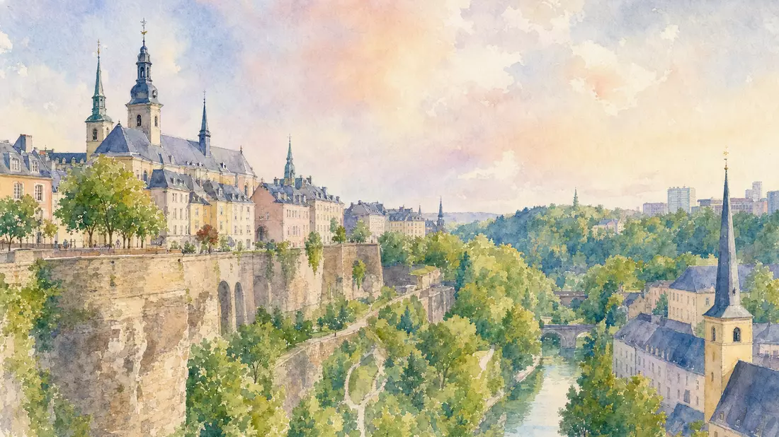 Aquarellmalerei der Luxemburger Altstadt mit Türmen und grünem Tal
