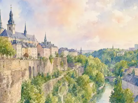 ArcelorMittal S.A. (LU1598757687) hat seinen Firmensitz in Luxemburg, hier zart als Aquarell-Stadtansicht dargestellt - Foto: THN