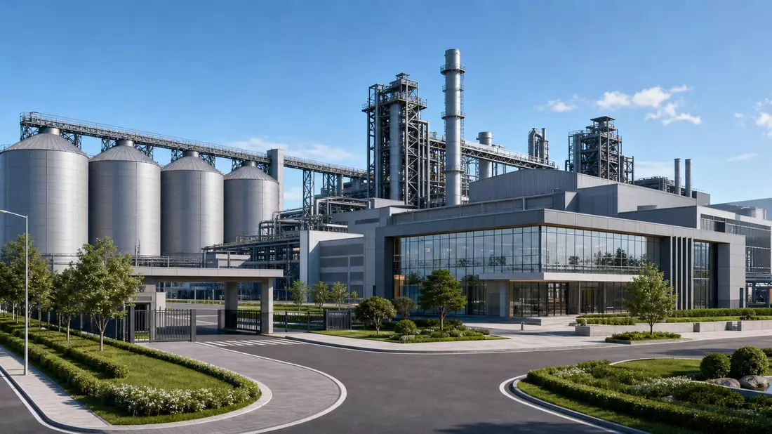 3D-Architekturrendering einer modernen Stahlanlage mit Silos und Glasfassade