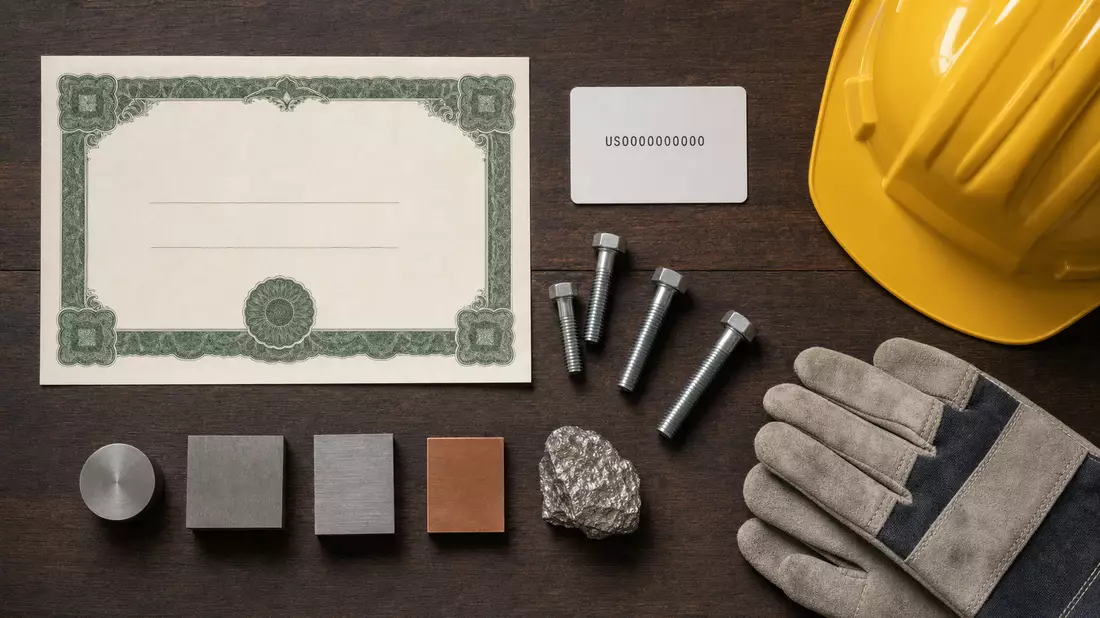 Flatlay mit Aktienzertifikat, Metallproben, Schrauben und Arbeitshandschuhen