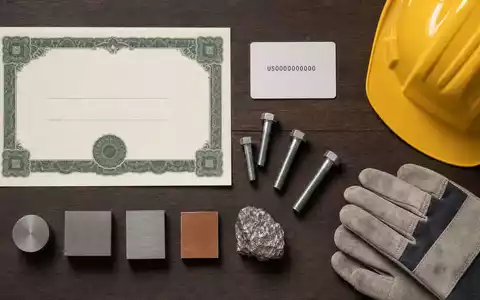 ArcelorMittal S.A. (LU1598757687) als Wertpapier dargestellt, dieses Flatlay zeigt Zertifikat, Metallproben und Werkzeuge - Foto: THN