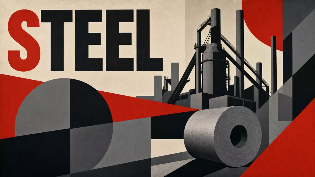 Bauhaus-Poster mit geometrischen Formen und Stahlwerk-Silhouette in Rot