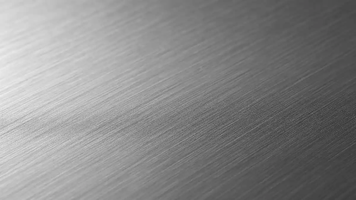 Makroaufnahme einer gebürsteten Stahloberfläche mit feinen metallischen Linien
