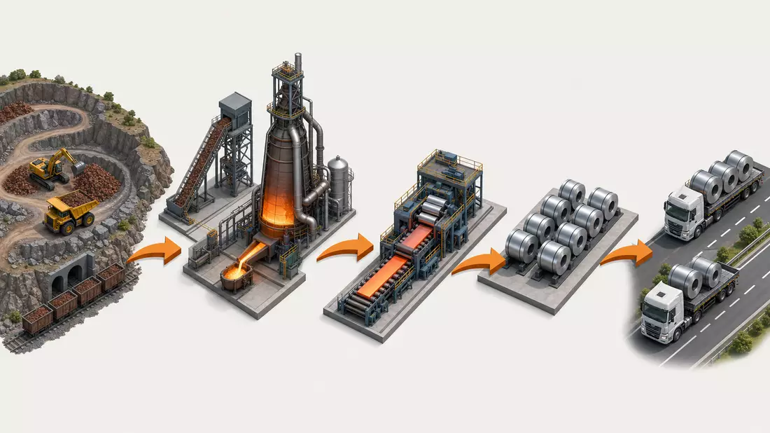 Isometrische 3D-Grafik der Stahl-Wertschöpfungskette von Mine bis Transport