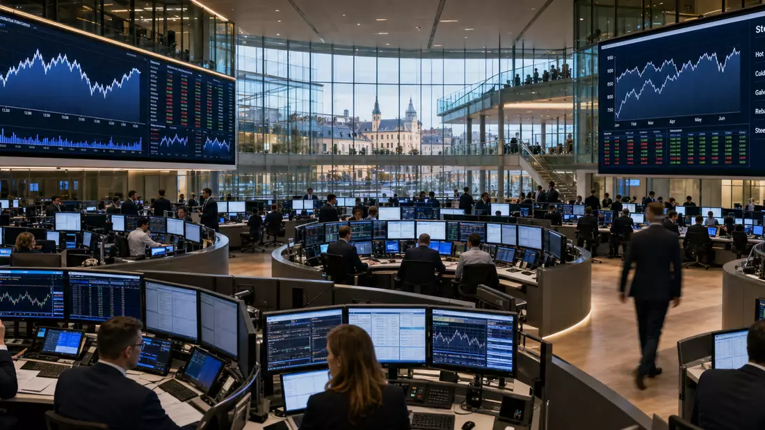 Trading-Floor mit Bildschirmen und Stahl-Kursdiagrammen in Luxemburg
