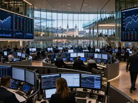 ArcelorMittal S.A. (LU1598757687) notiert an der Börse Luxemburg, dieses Editorial-Bild zeigt einen Handelsraum mit Stahl-Charts - Foto: THN