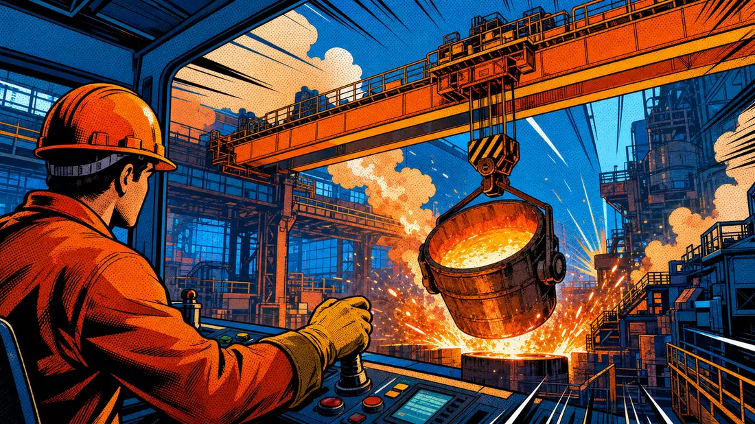 Pop-Art-Comic zeigt Arbeiter mit Kran und glühendem Stahl in Fabrikhalle