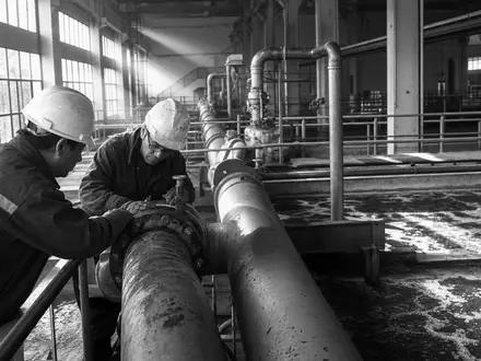 Veolia Environnement S.A. (FR0000124141) präsentiert dokumentarisch in Schwarzweiß Techniker bei Wartungsarbeiten in einer Abwasseranlage - Foto: THN