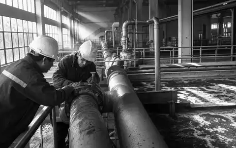 Veolia Environnement S.A. (FR0000124141) präsentiert dokumentarisch in Schwarzweiß Techniker bei Wartungsarbeiten in einer Abwasseranlage - Foto: THN