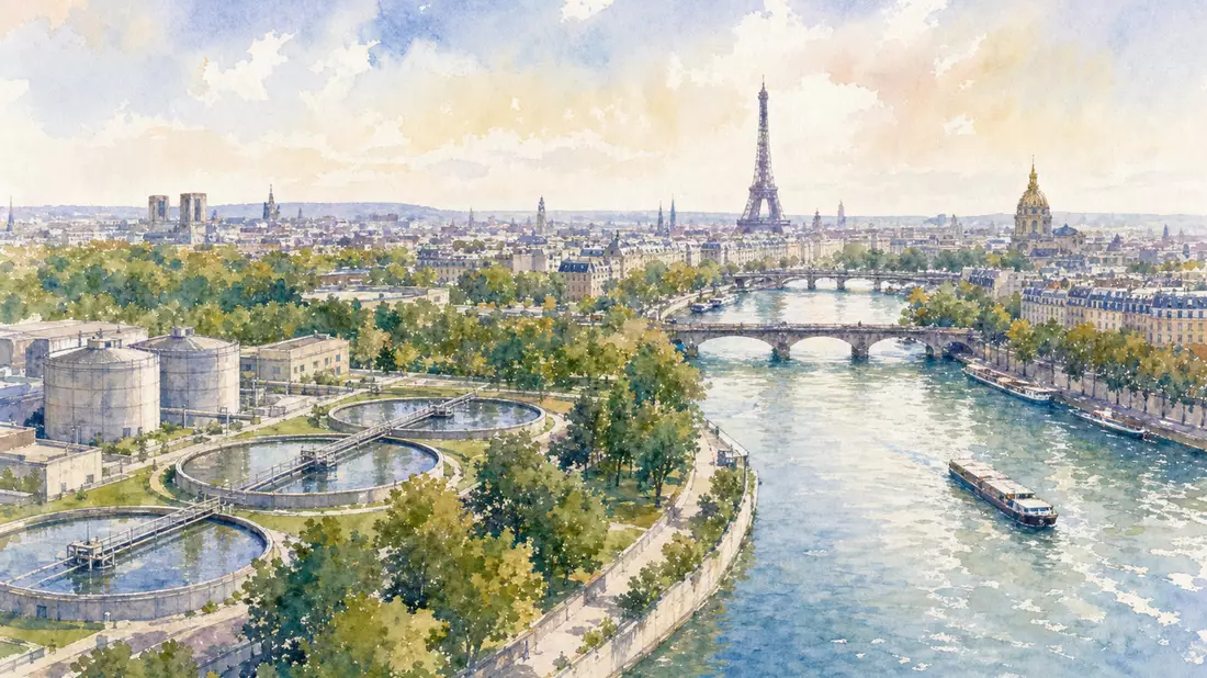 Aquarell Pariser Flusslandschaft mit Anlage, Veolia Environnement S.A., FR0000124141