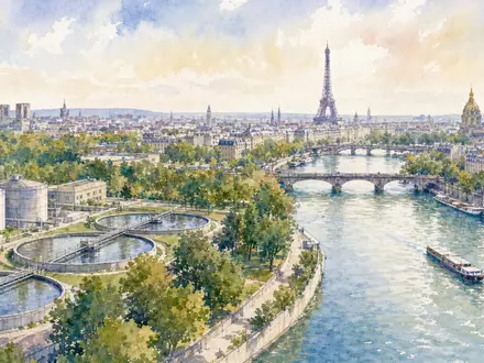 Veolia Environnement S.A. (FR0000124141) illustriert in zartem Aquarell eine Pariser Flusslandschaft mit Kläranlage und Stadtkulisse - Foto: THN