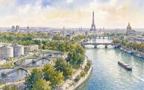 Veolia Environnement S.A. (FR0000124141) illustriert in zartem Aquarell eine Pariser Flusslandschaft mit Kläranlage und Stadtkulisse - Foto: THN