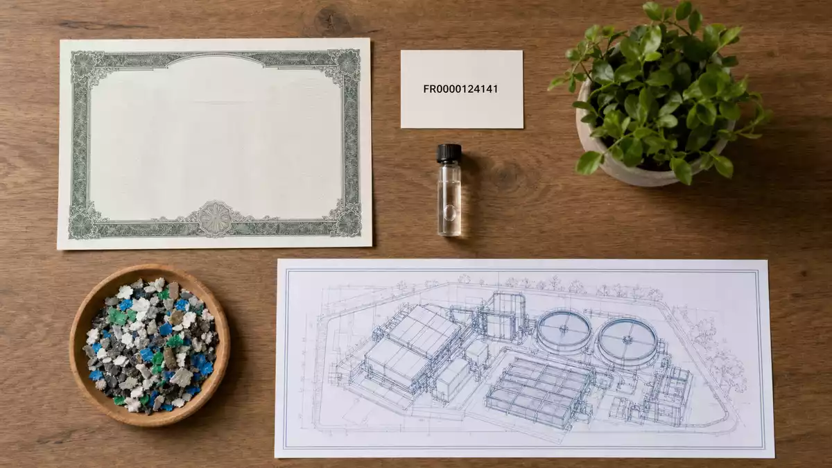 Flatlay mit Aktienzertifikat und ISIN-Karte, Veolia Environnement S.A., FR0000124141