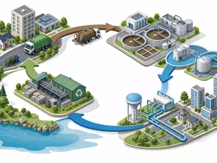 Veolia Environnement S.A. (FR0000124141) visualisiert isometrisch die Wertschöpfungskette von Sammlung, Aufbereitung und Wasserverteilung im Kreislauf - Foto: THN