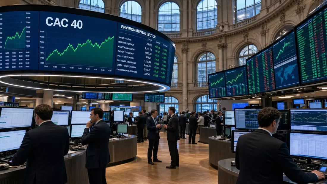 Börsen-Editorial Handelsraum mit Umweltsektor-Charts, FR0000124141