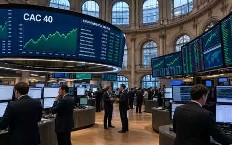 Veolia Environnement S.A. (FR0000124141) inszeniert editorial einen Pariser Börsenhandelsraum mit Charts zum Umweltsektor und CAC-40-Index - Foto: THN