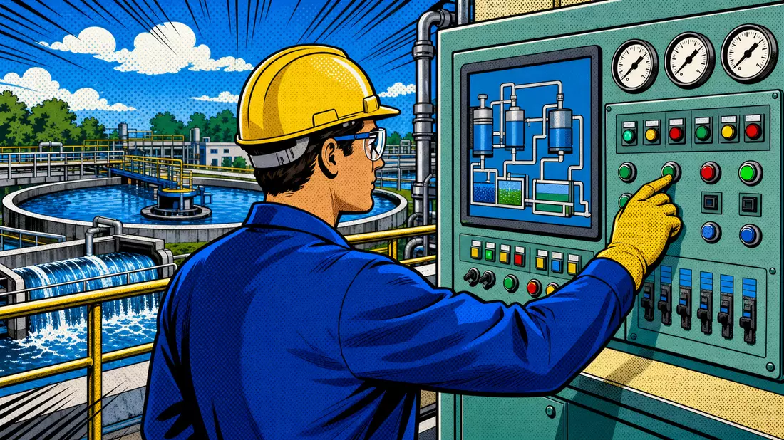 Pop-Art-Comic Techniker steuert Kläranlage, FR0000124141