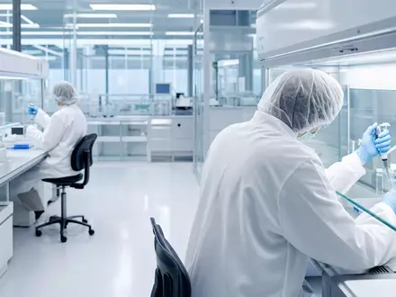 Genmab A/S entwickelt Antikörpertherapien in modernen Biotech-Laboren mit Forschern und Präzisionsgeräten, Aktie DK0010272202 - Foto: THN